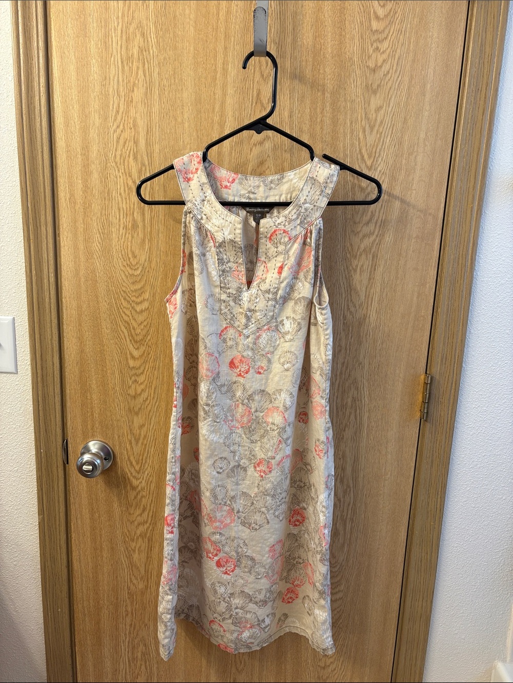 Tommy Bahama Linen Beige Floral Midi Dress with Coral Accents
